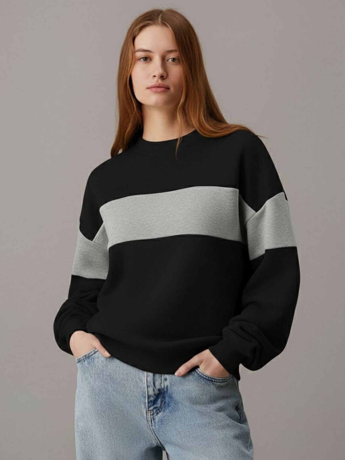 Women Black Fleece Colorblock Loose Fit Sweatshirt | SS90 - view 2