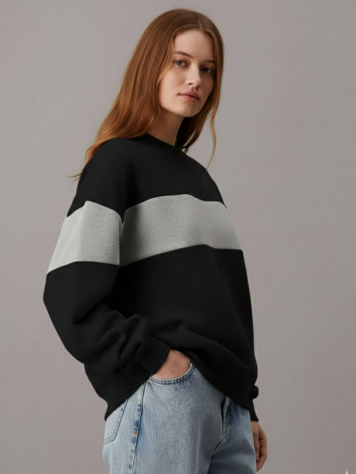Women Black Fleece Colorblock Loose Fit Sweatshirt | SS90 - view 3