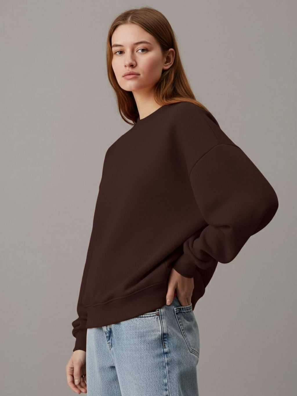 Women Brown Fleece Solid Loose Fit Sweatshirt | SS90 - view 3