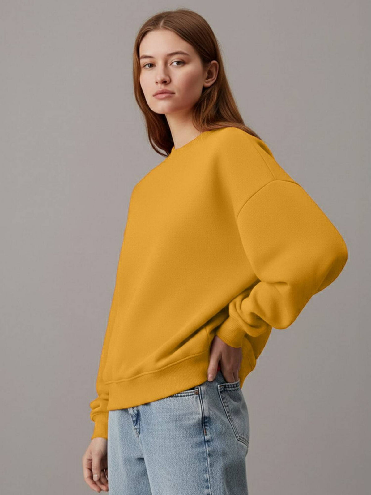 Women Mustard Fleece Solid Loose Fit Sweatshirt | SS90 - view 3