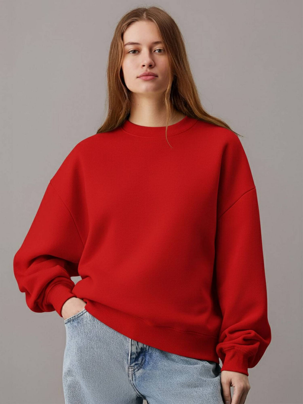 Women Red Fleece Solid Loose Fit Sweatshirt | SS90 - view 1
