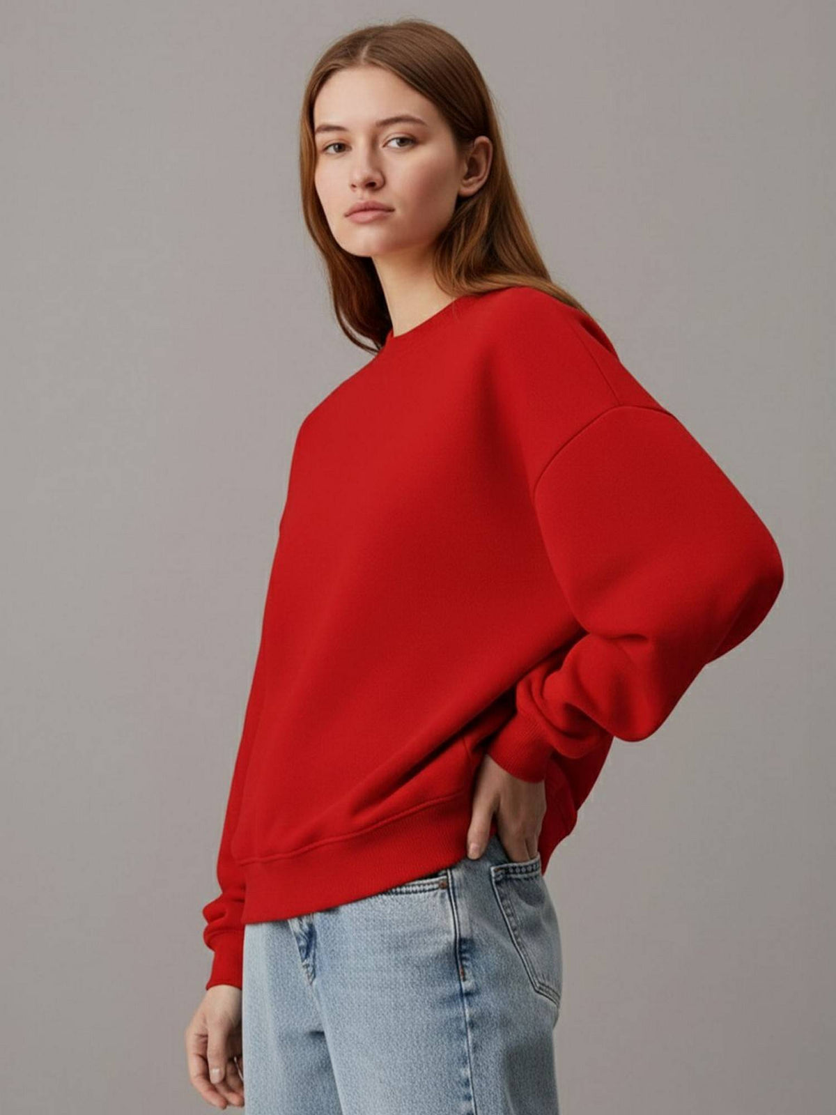 Women Red Fleece Solid Loose Fit Sweatshirt | SS90 - view 3