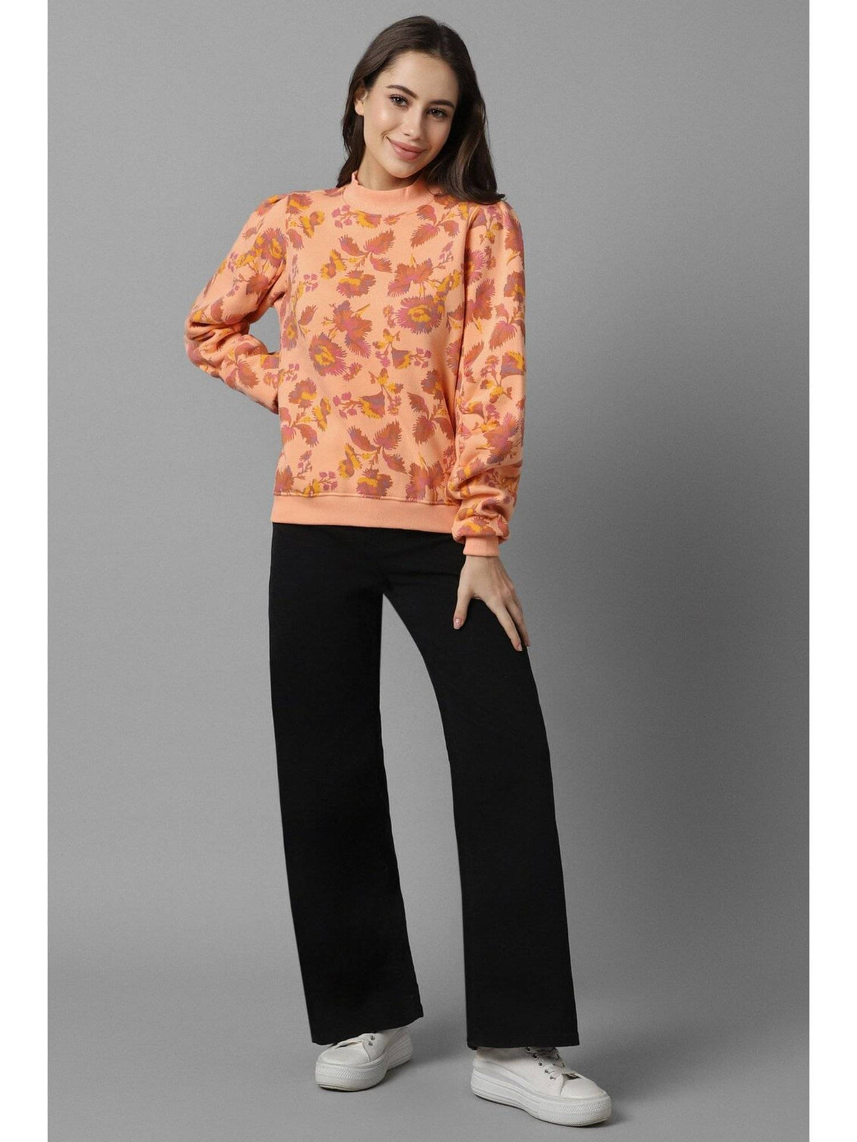 Women Orange Print Round Neck Sweatshirt | HD56 - view 2