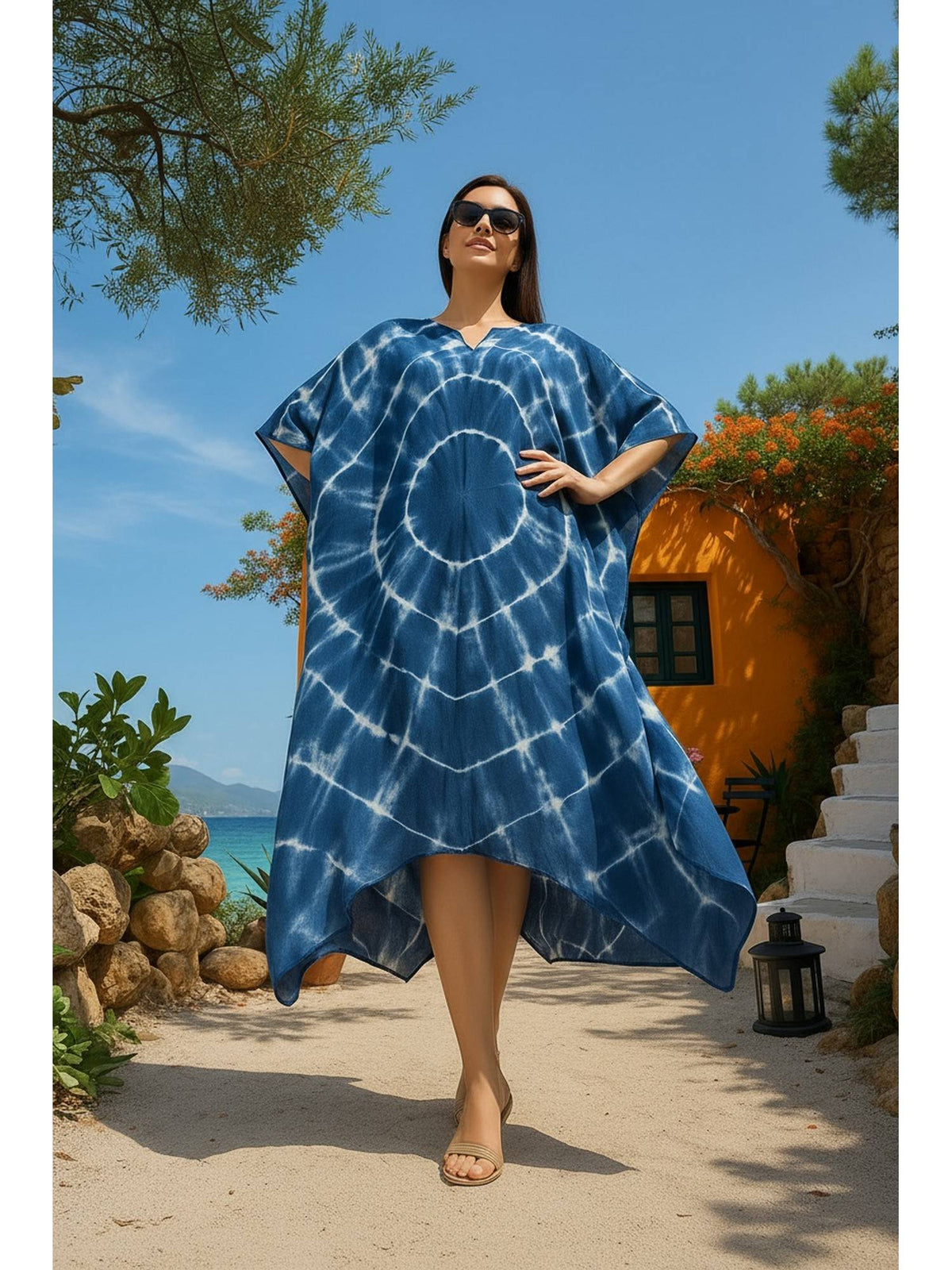 Women Handcrafted Tie-Dye Rayon Loose Fit Kaftan Blue Dress | D56 - view 62