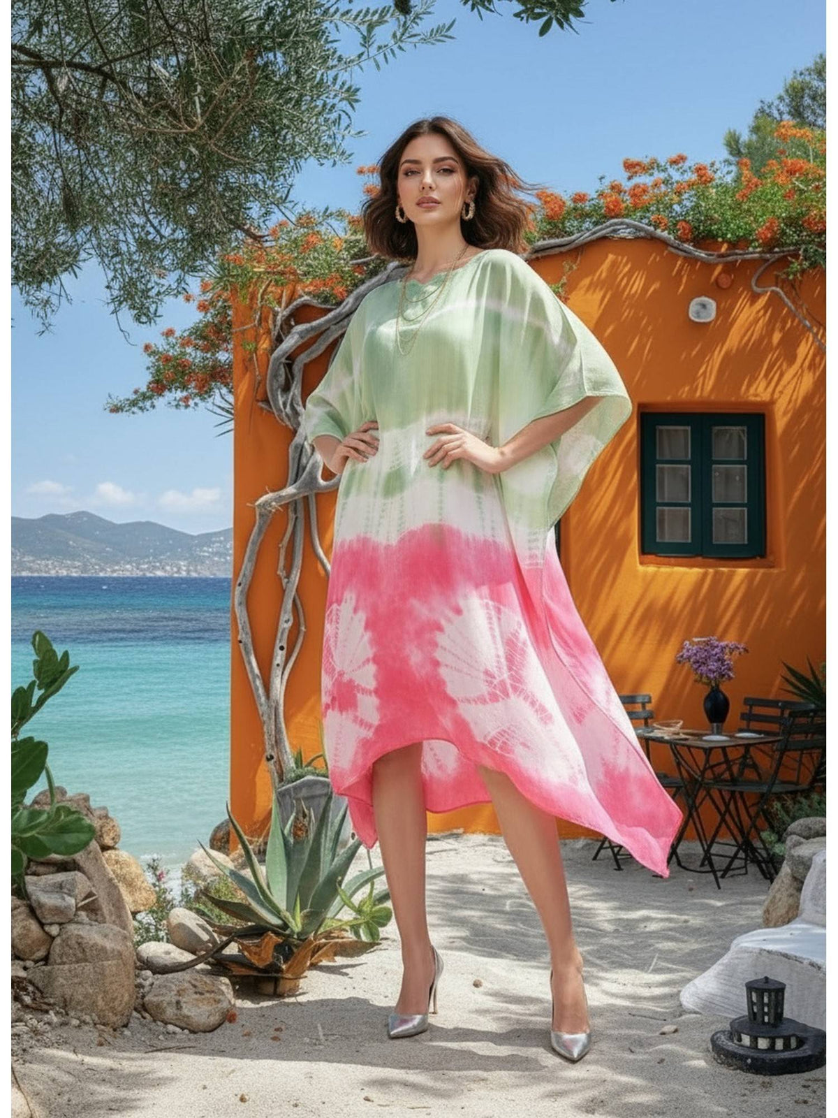 Women Handcrafted Tie-Dye Rayon Loose Fit Kaftan Blue Dress | D56 - view 85