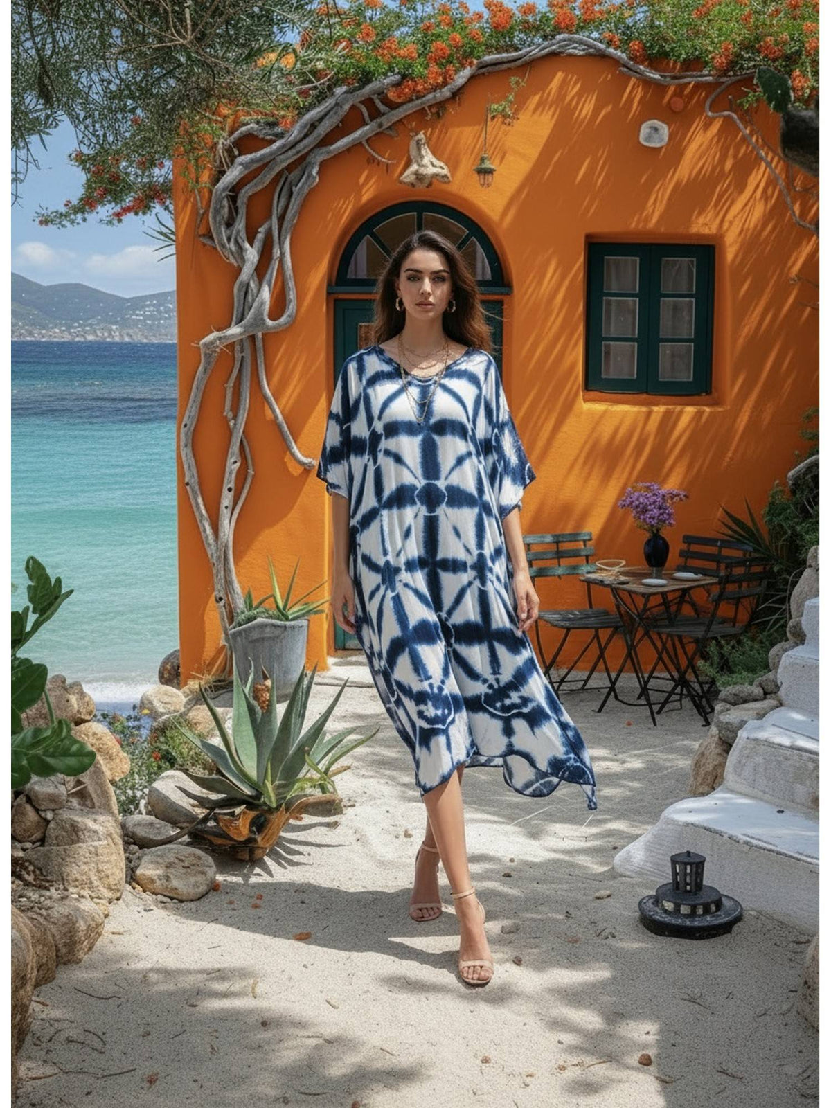 Women Handcrafted Tie-Dye Rayon Loose Fit Kaftan Blue Dress | D56 - view 52