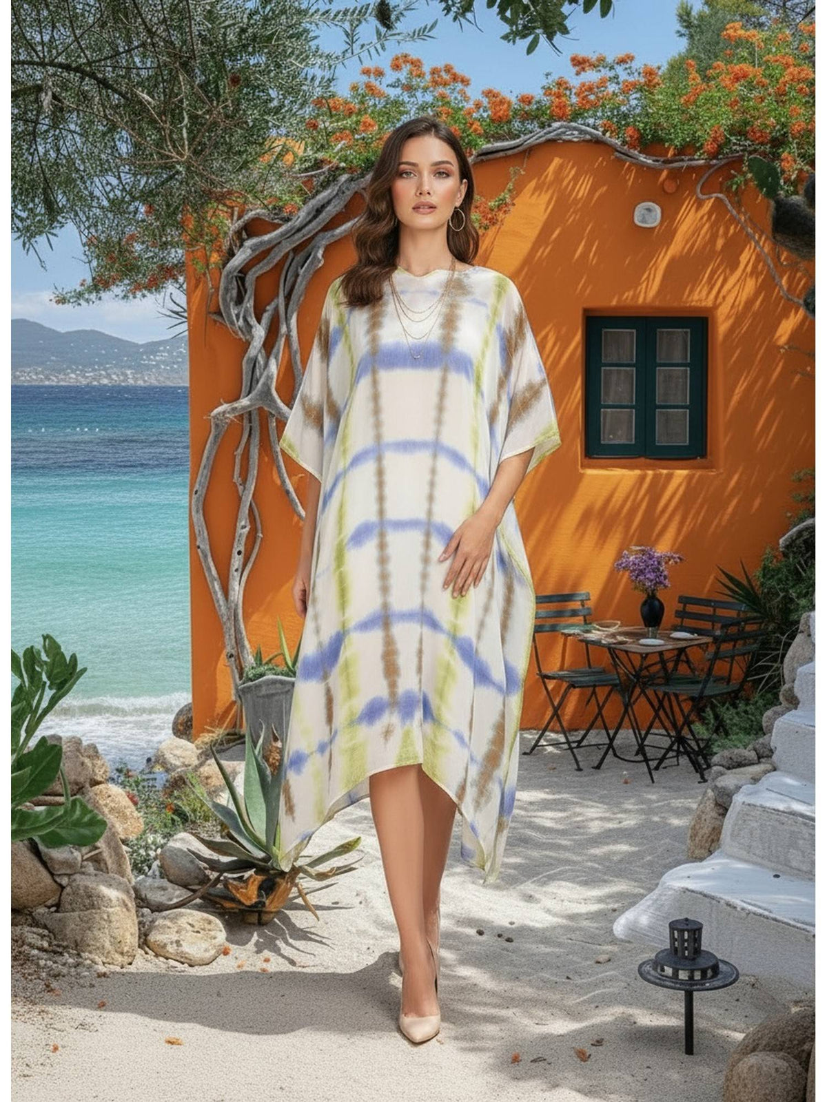 Women Handcrafted Tie-Dye Rayon Loose Fit Kaftan Blue Dress | D56 - view 13