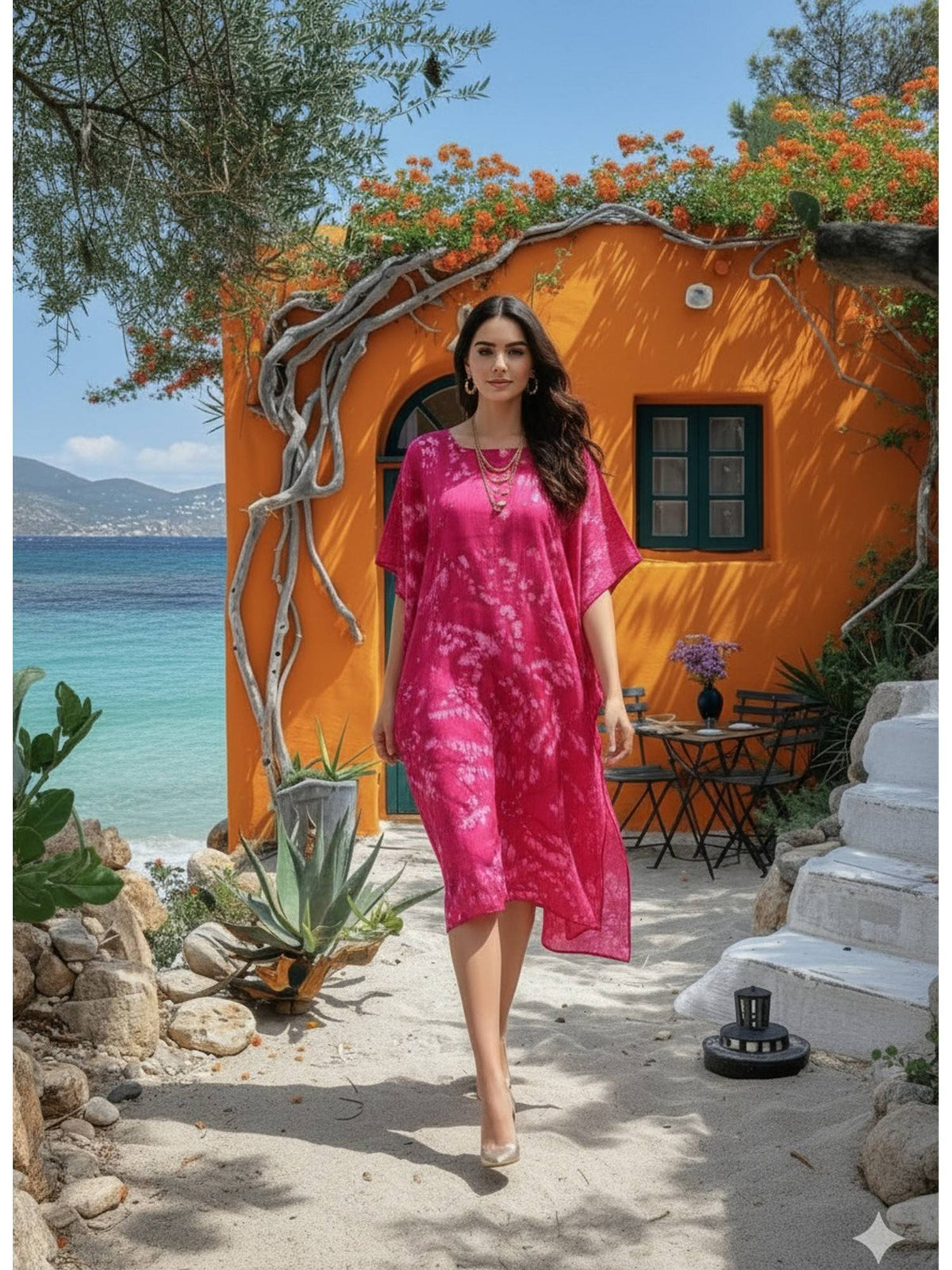 Women Handcrafted Tie-Dye Rayon Loose Fit Kaftan Blue Dress | D56 - view 8