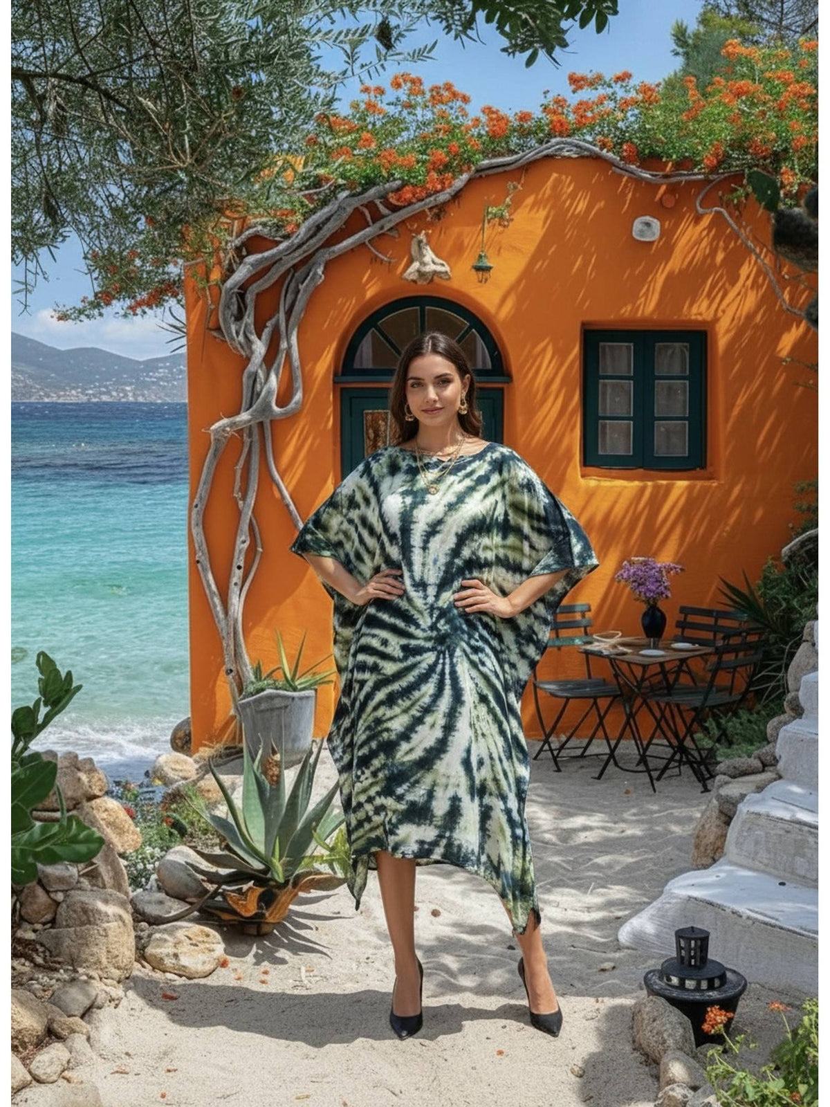 Women Handcrafted Tie-Dye Rayon Loose Fit Kaftan Blue Dress | D56 - view 73