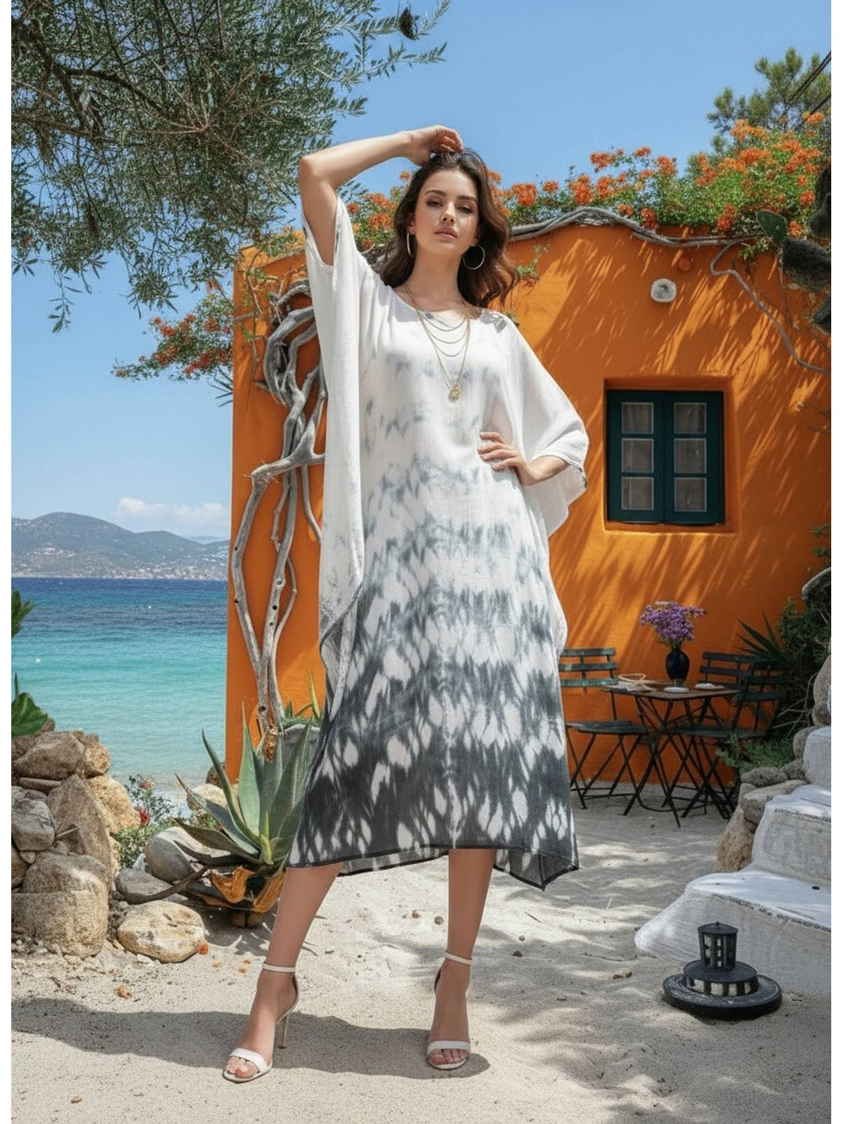 Women Handcrafted Tie-Dye Rayon Loose Fit Kaftan Blue Dress | D56 - view 40