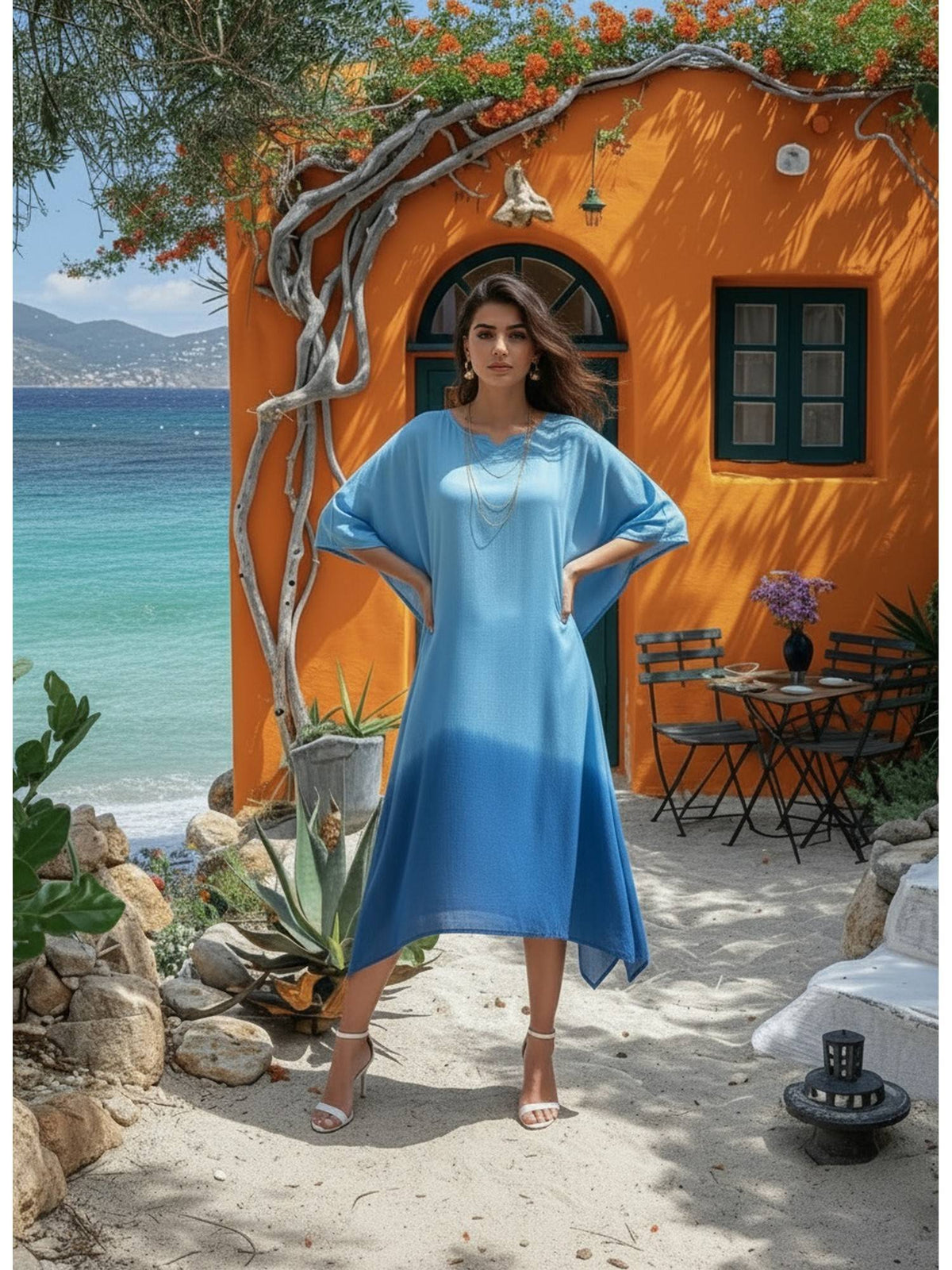 Women Handcrafted Tie-Dye Rayon Loose Fit Kaftan Blue Dress | D56 - view 35