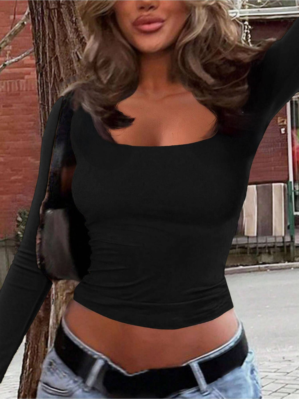 Black Scoop Neck Fitted Crop Top | CT61 - view 3