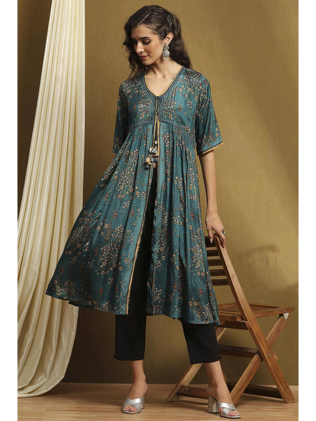 Womens Teal Turquoise Shantoon Flared Kurta | KDG - view 1