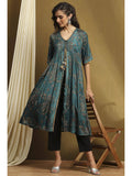 Womens Teal Turquoise Shantoon Flared Kurta | FY93 - view 1
