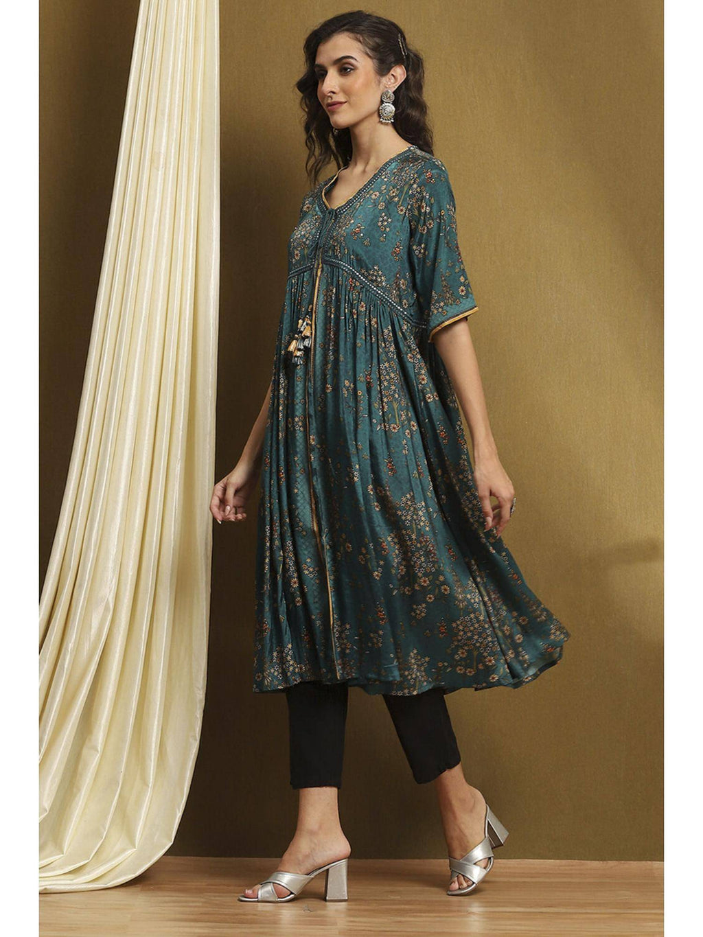 Womens Teal Turquoise Shantoon Flared Kurta | KDG - view 3