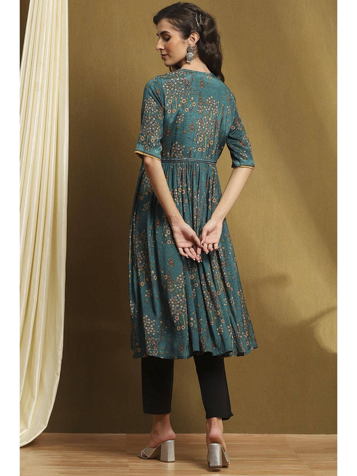 Womens Teal Turquoise Shantoon Flared Kurta | KDG - view 4