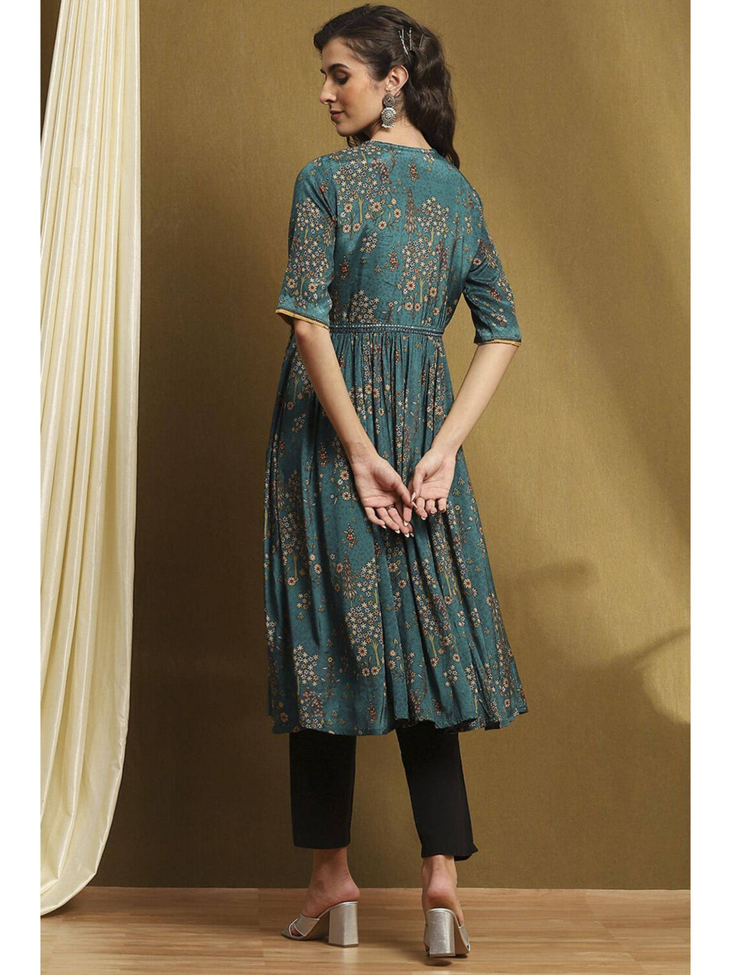 Womens Teal Turquoise Shantoon Flared Kurta | FY93 - view 4