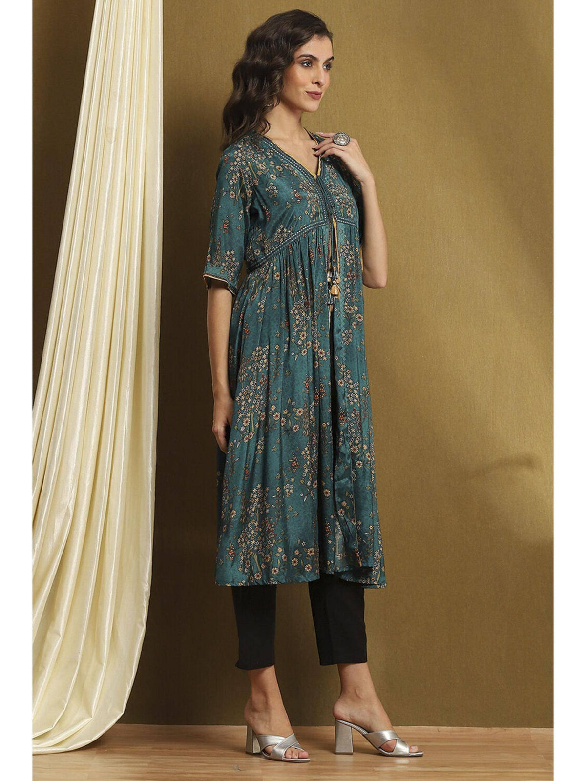 Womens Teal Turquoise Shantoon Flared Kurta | U3S - view 5