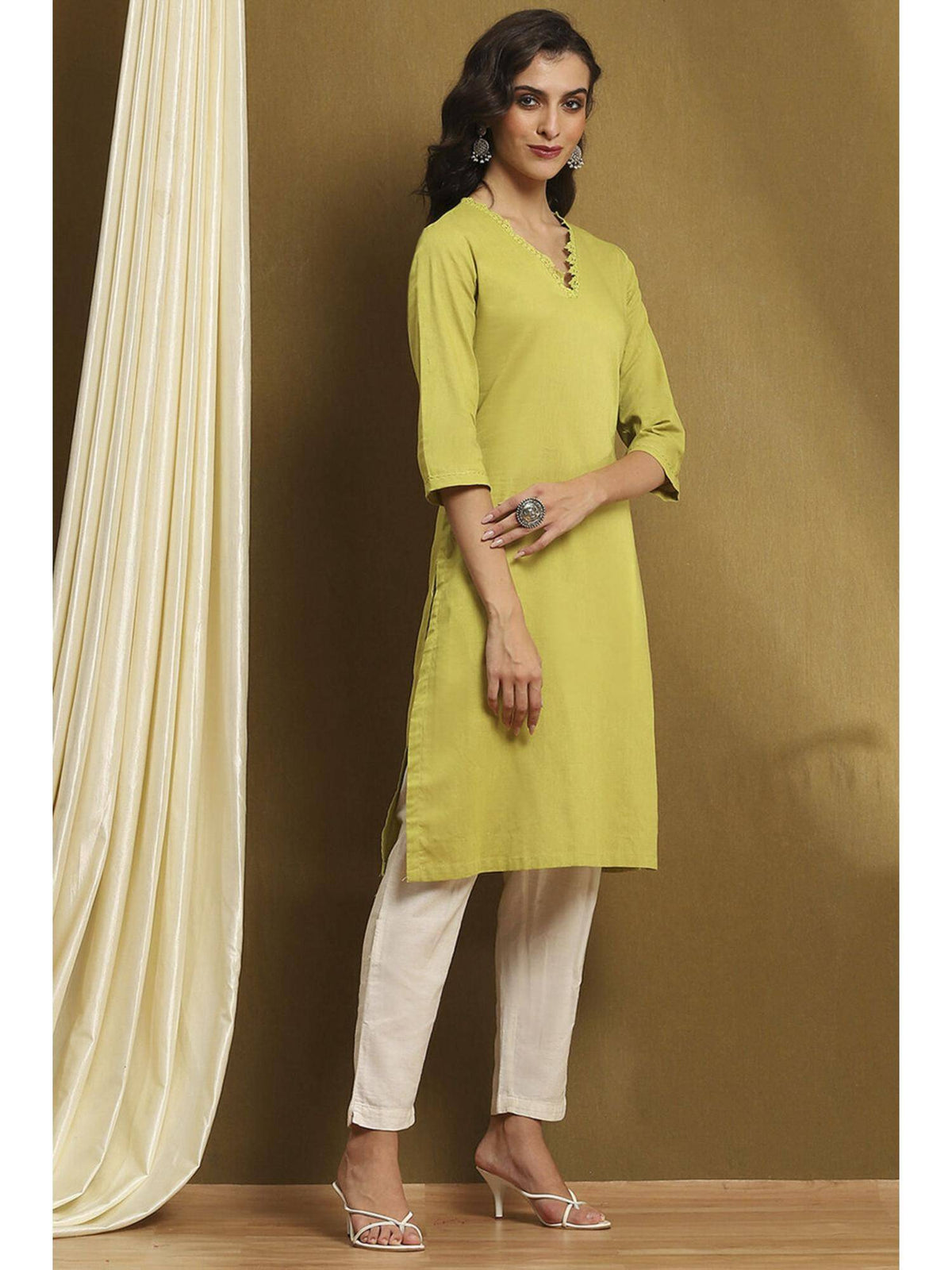Womens Green Cotton Blend Straight Kurta | FY93 - view 6