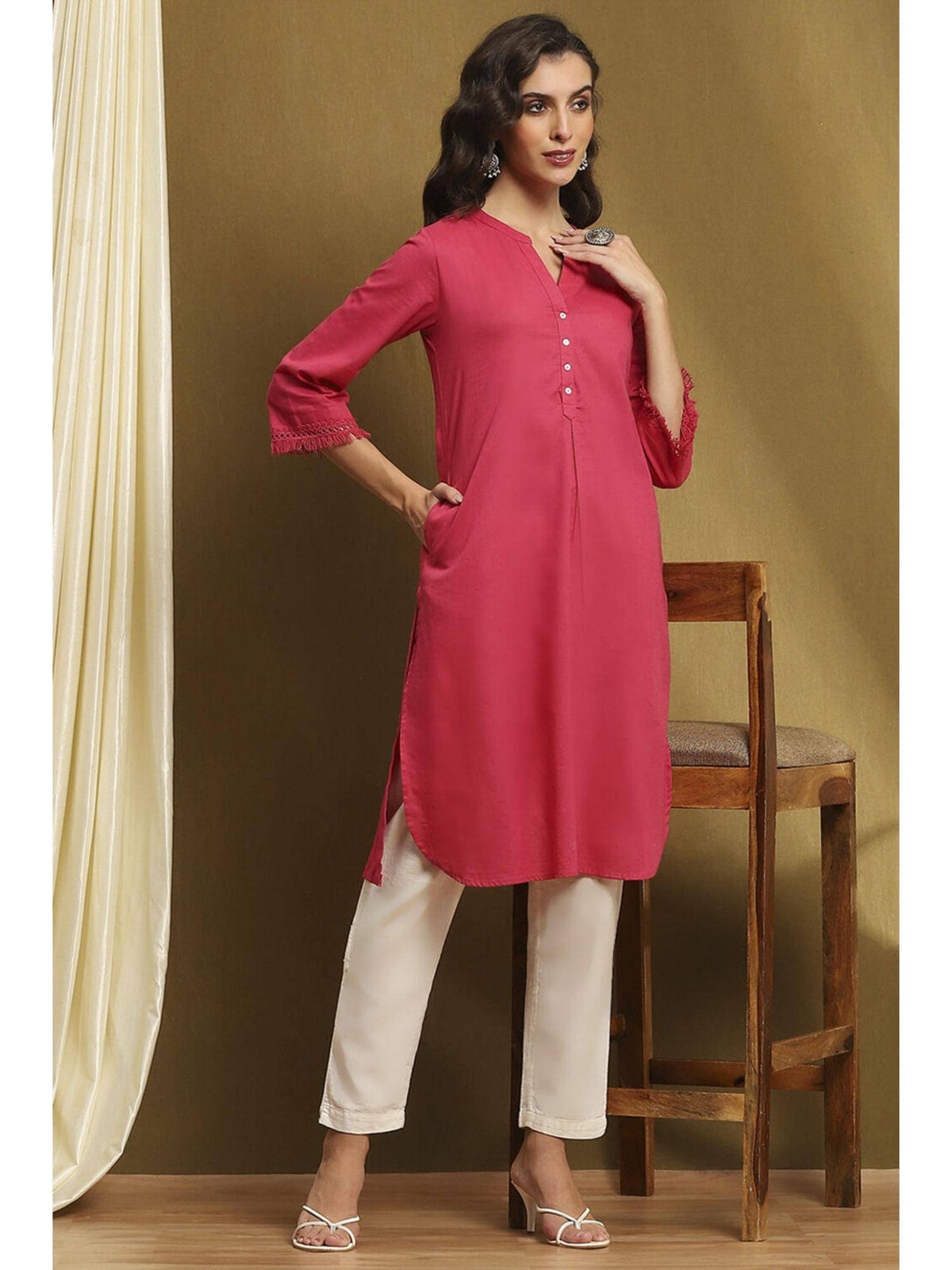 Womens Pink Cotton Blend Straight Kurta | KDG - view 2