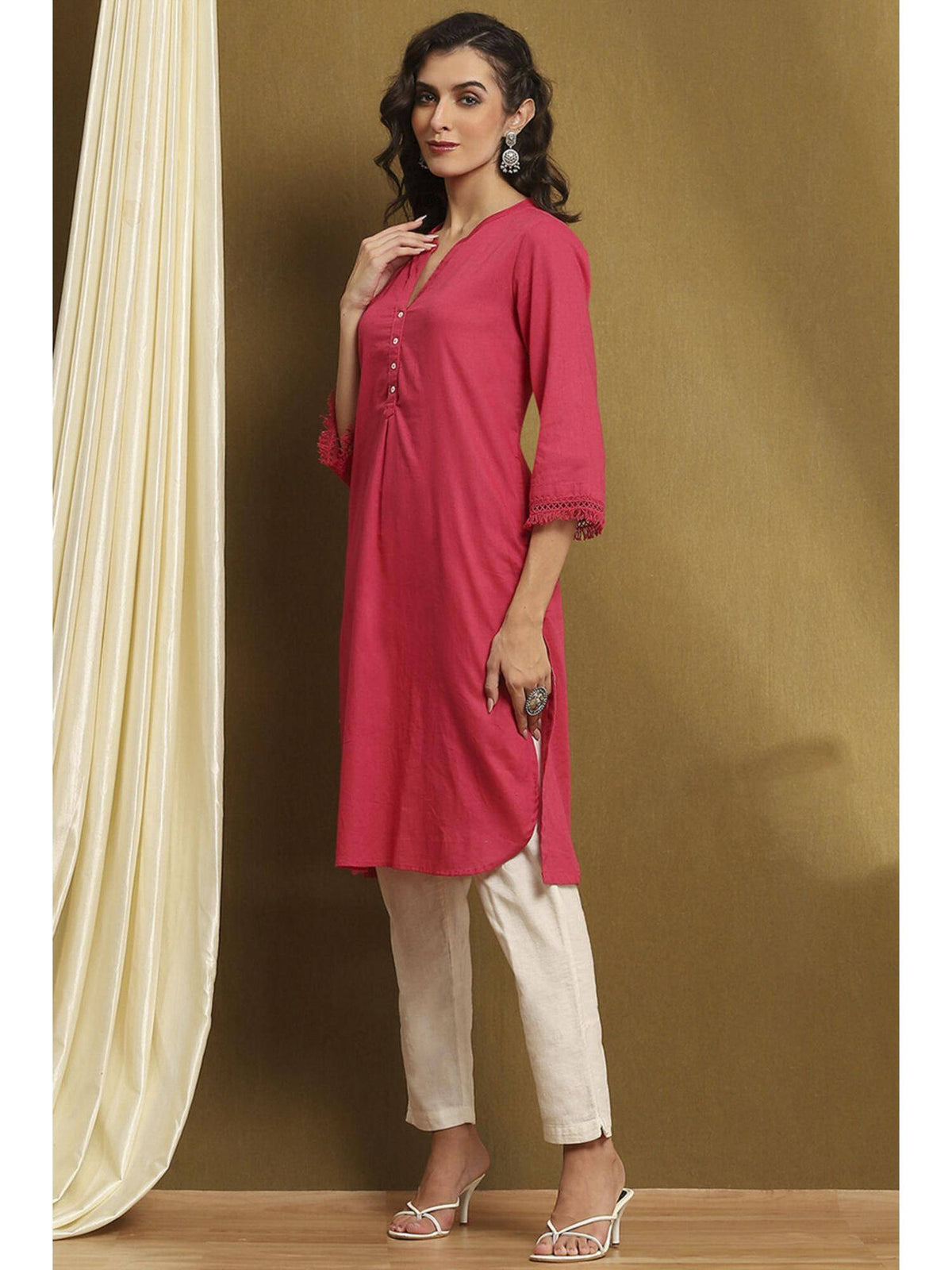 Womens Pink Cotton Blend Straight Kurta | KDG - view 4