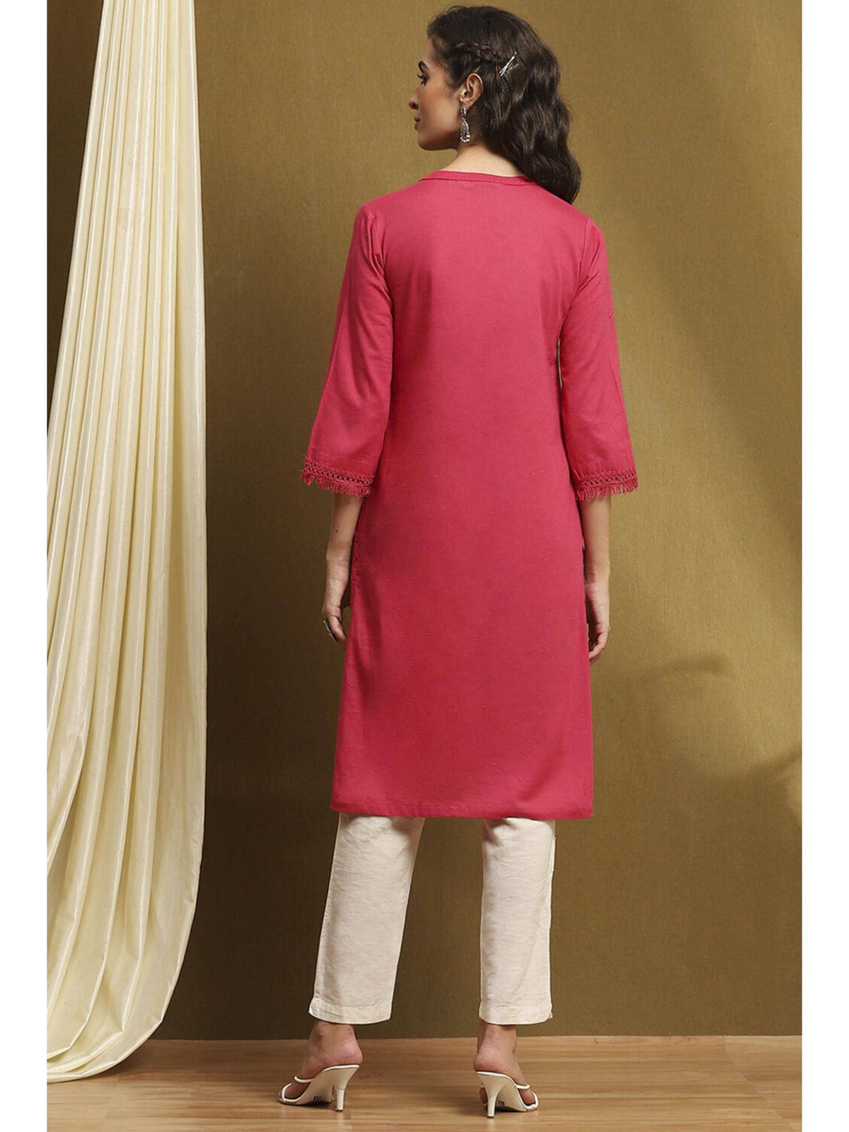 Womens Pink Cotton Blend Straight Kurta | FY93 - view 5