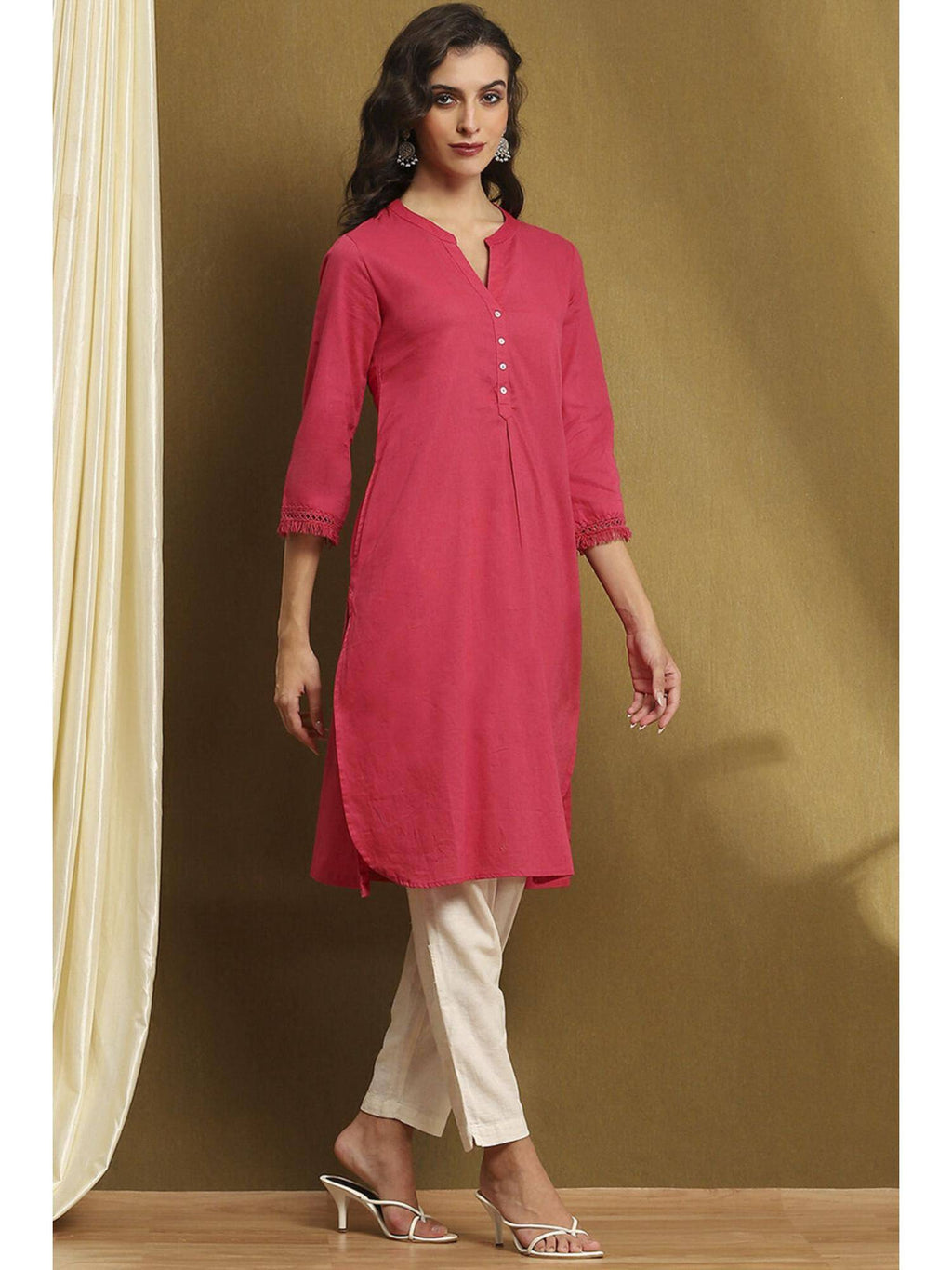 Womens Pink Cotton Blend Straight Kurta | FY93 - view 6
