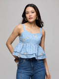Blue Stripes Double Layered Peplum Strappy Crop Top | CT61 - view 1