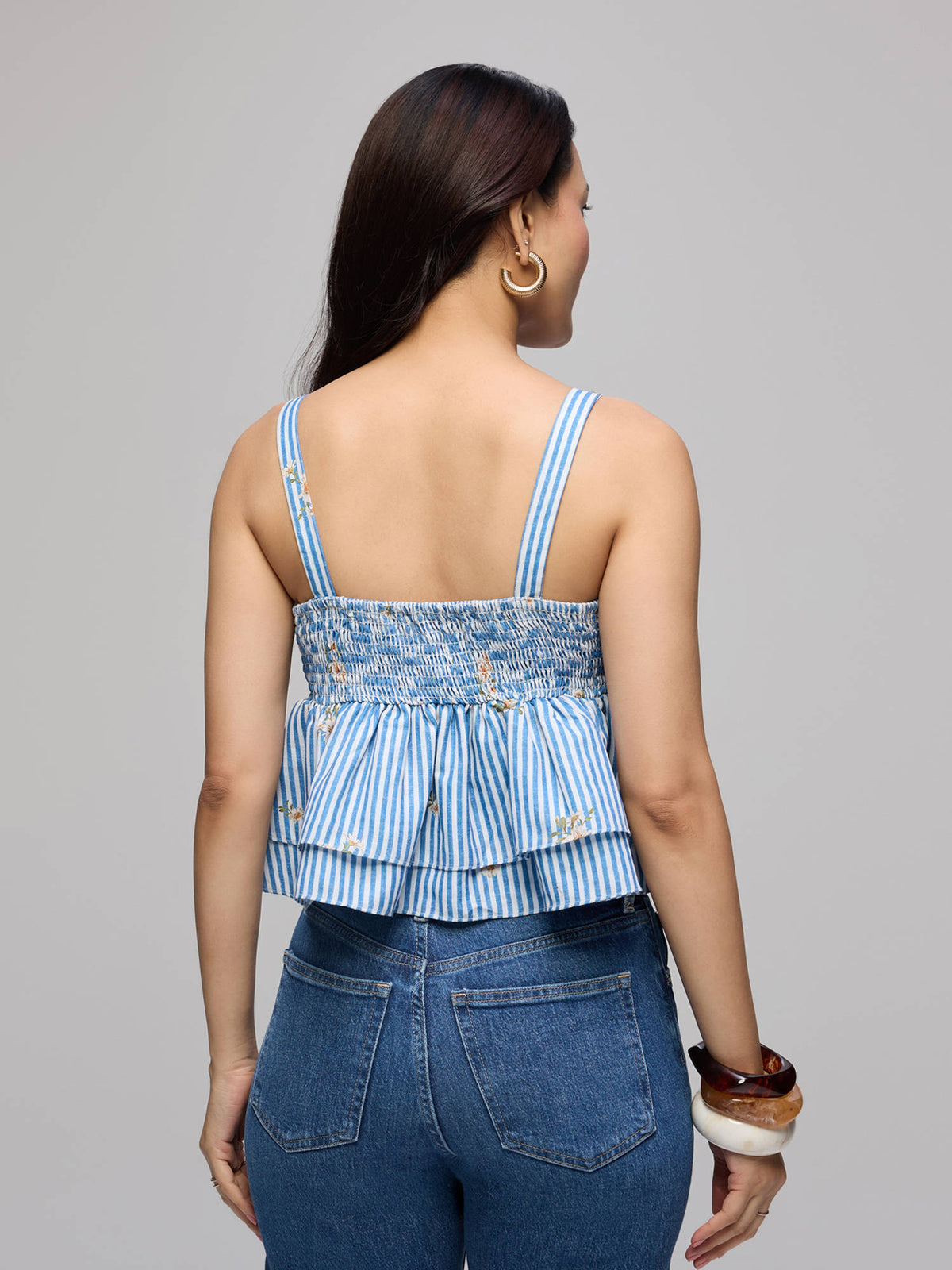 Blue Stripes Double Layered Peplum Strappy Crop Top | CT61 - view 2
