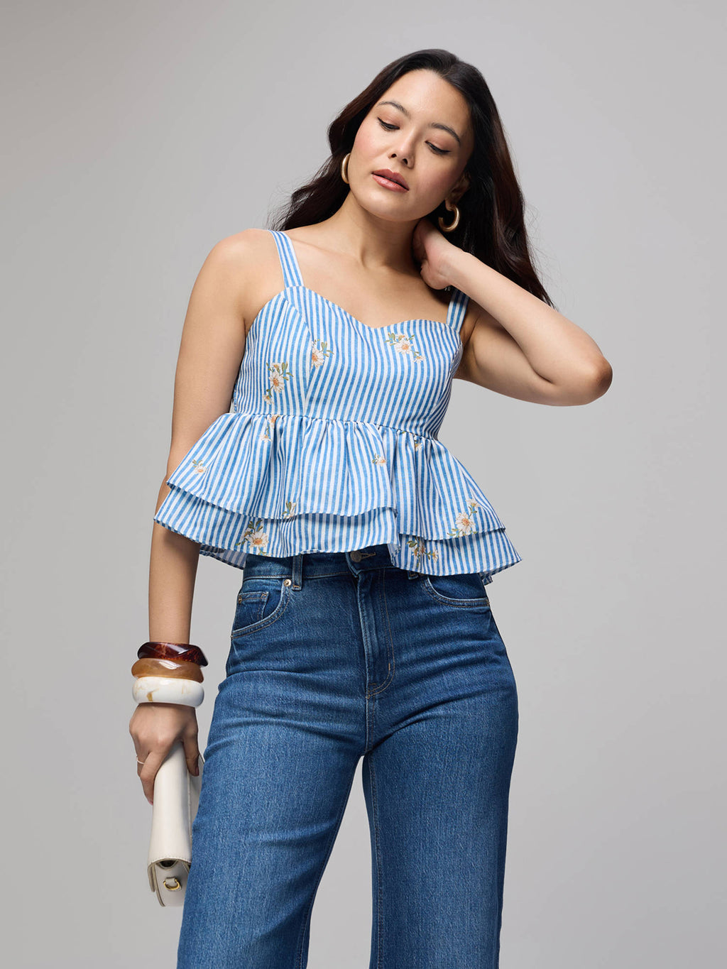Blue Stripes Double Layered Peplum Strappy Crop Top | CT61 - view 4