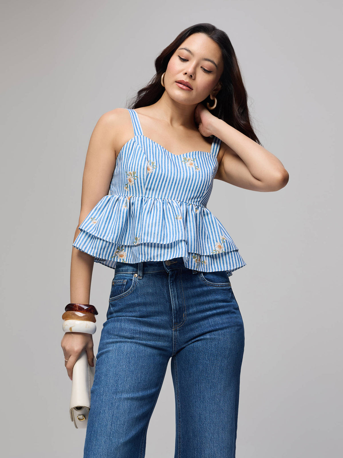 Blue Stripes Double Layered Peplum Strappy Crop Top | CT61 - view 4