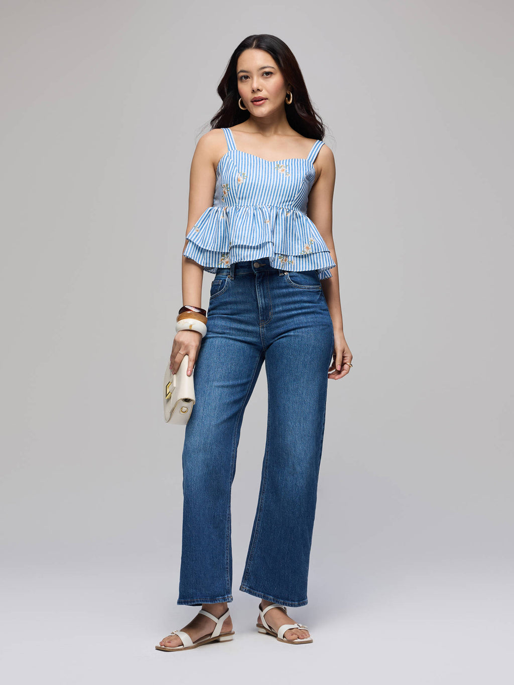 Blue Stripes Double Layered Peplum Strappy Crop Top | CT61 - view 5