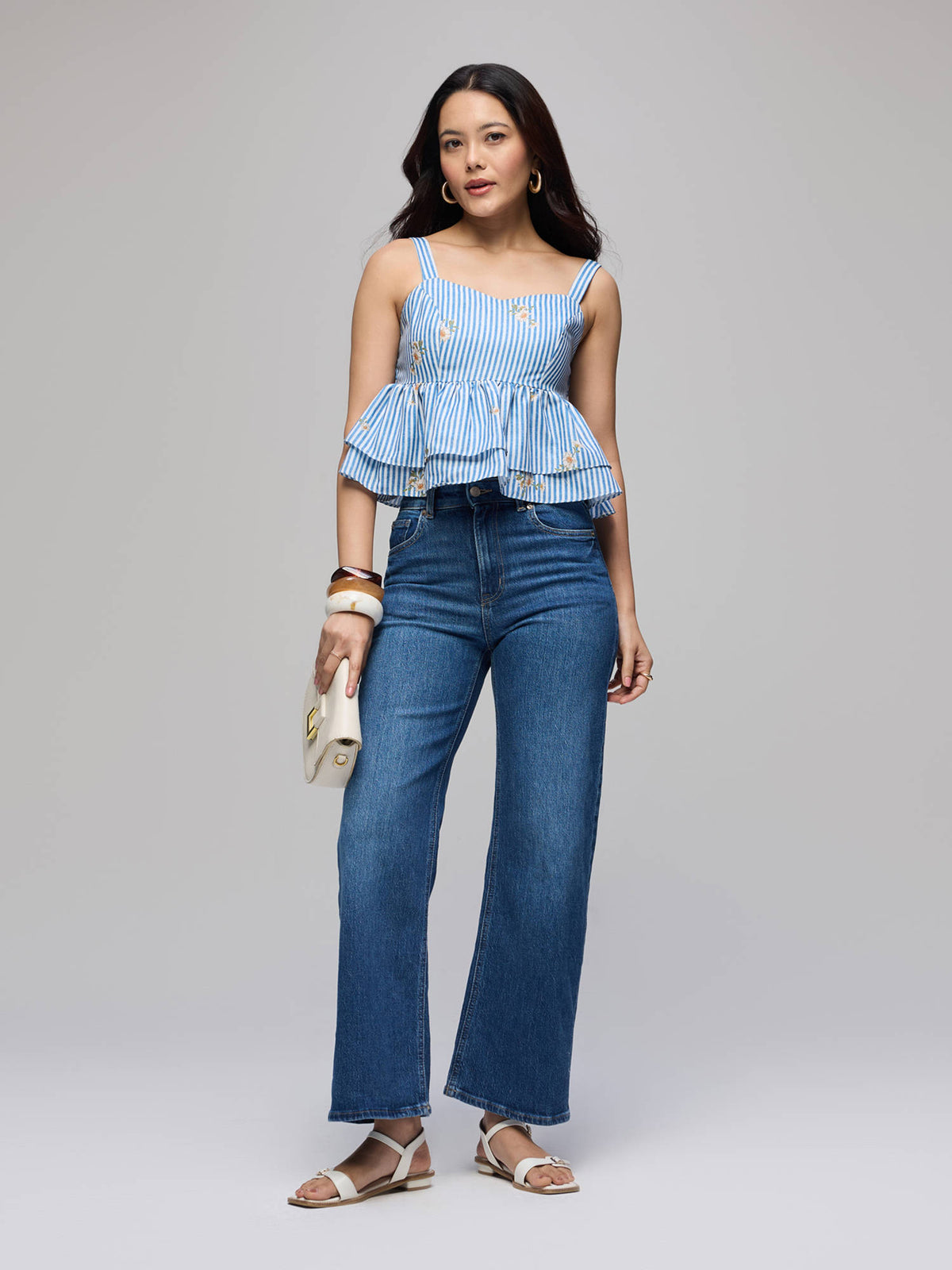 Blue Stripes Double Layered Peplum Strappy Crop Top | CT61 - view 5