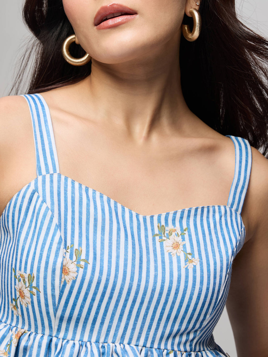 Blue Stripes Double Layered Peplum Strappy Crop Top | CT61 - view 6