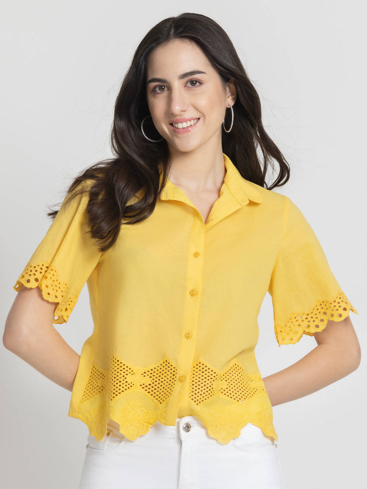 Shirt Collar Yellow Embroidered Short Sleeves Casual Shirt For Women | S67 - view 1