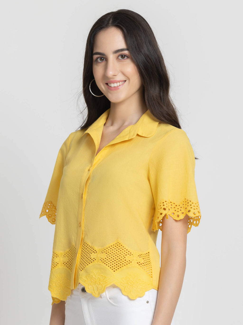 Shirt Collar Yellow Embroidered Short Sleeves Casual Shirt For Women | S67 - view 2