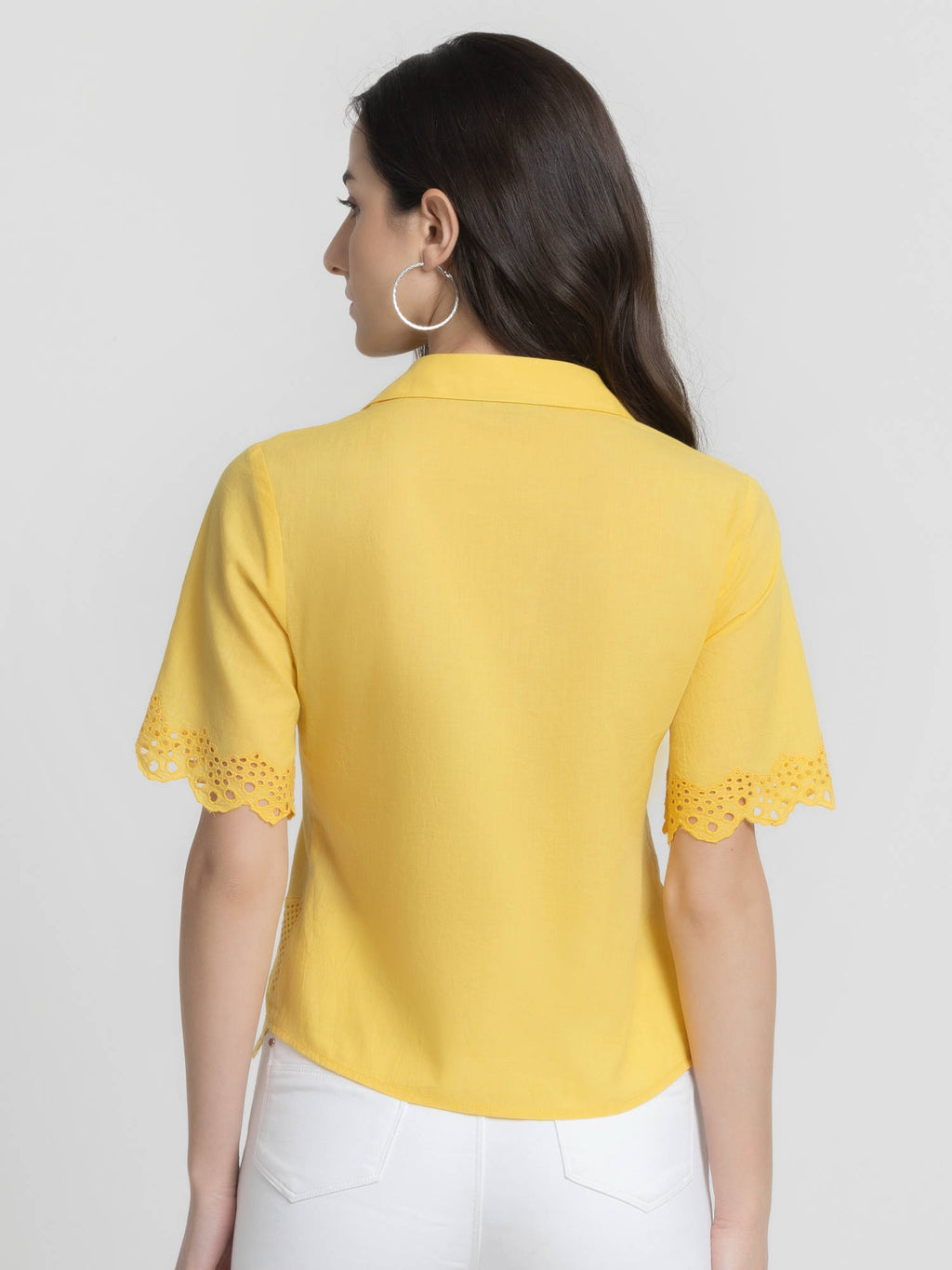 Shirt Collar Yellow Embroidered Short Sleeves Casual Shirt For Women | S67 - view 3