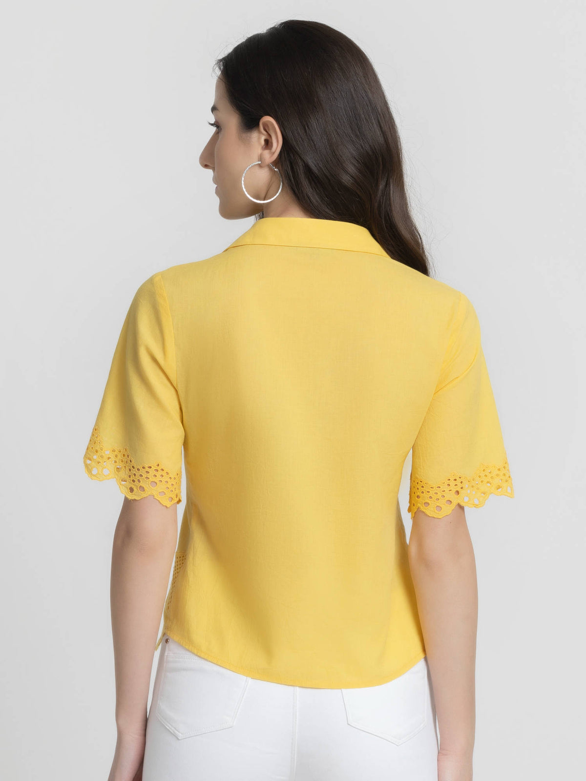 Shirt Collar Yellow Embroidered Short Sleeves Casual Shirt For Women | S67 - view 3