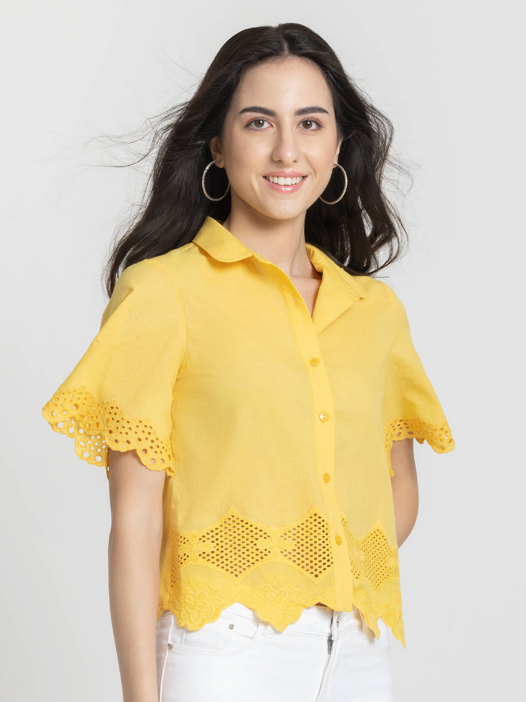 Shirt Collar Yellow Embroidered Short Sleeves Casual Shirt For Women | S67 - view 4