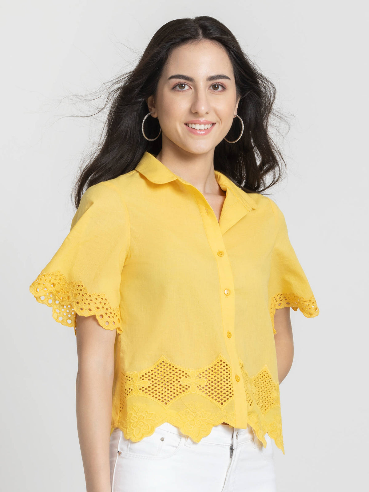 Shirt Collar Yellow Embroidered Short Sleeves Casual Shirt For Women | S67 - view 4