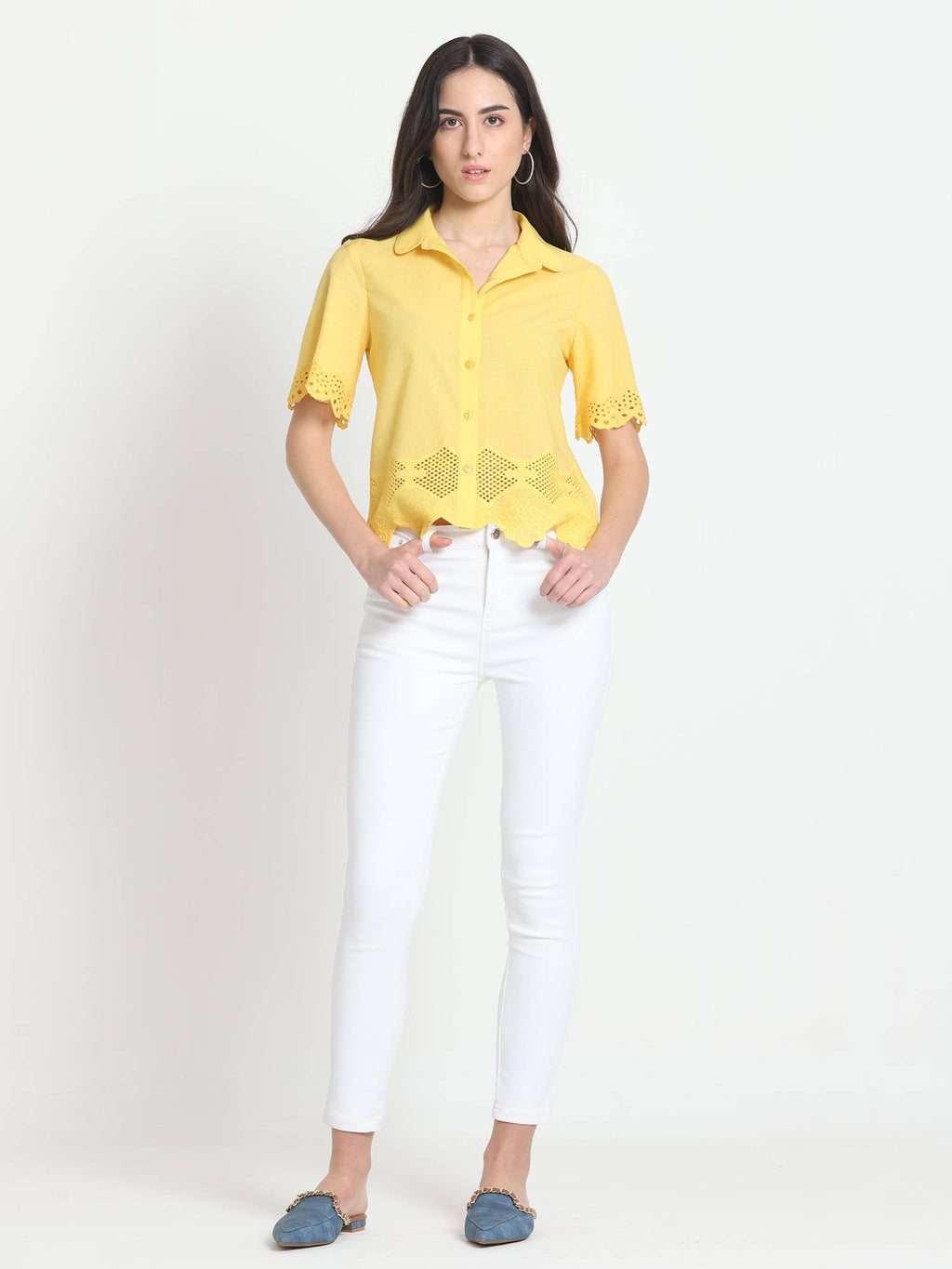 Shirt Collar Yellow Embroidered Short Sleeves Casual Shirt For Women | S67 - view 5