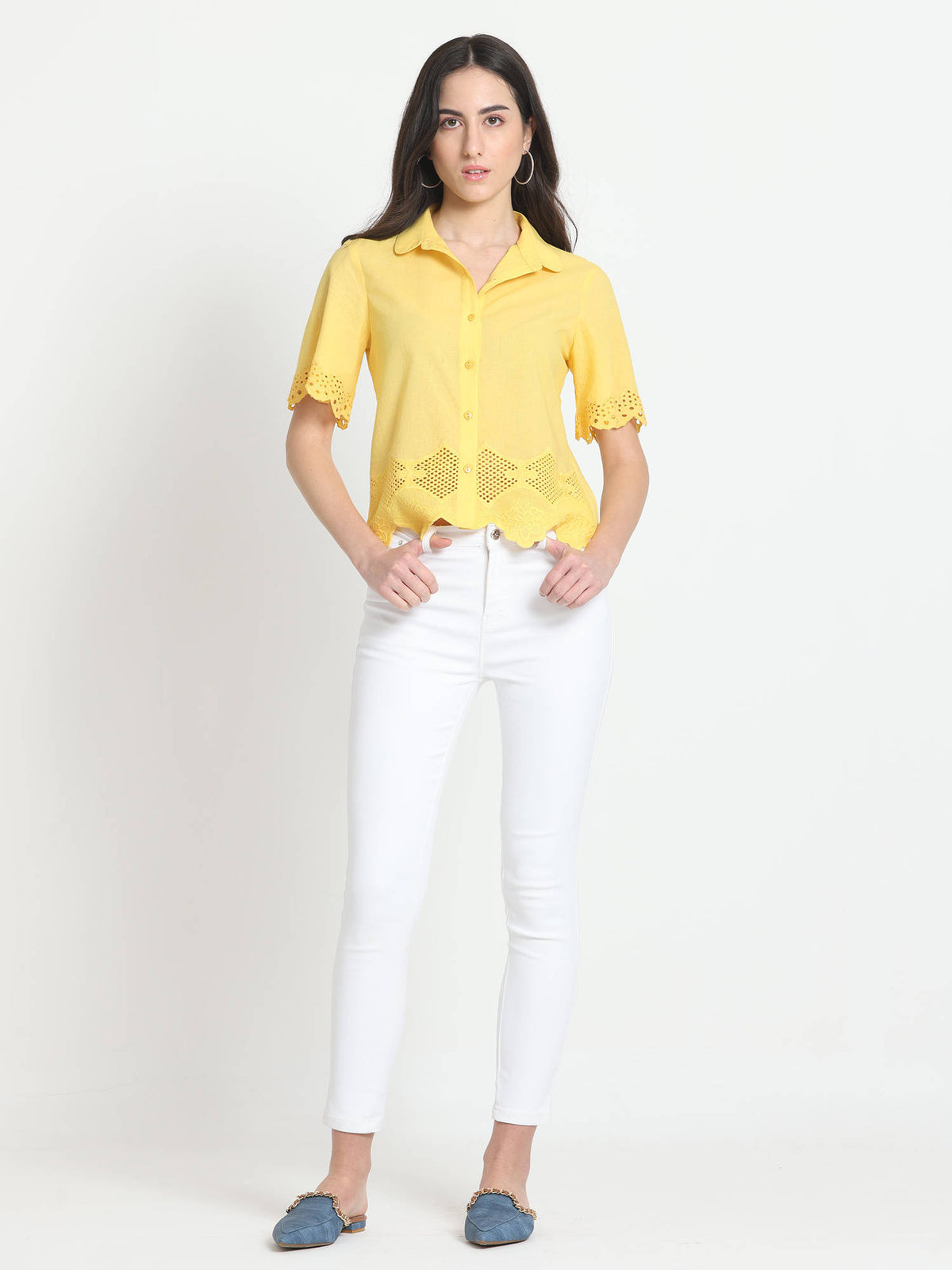Shirt Collar Yellow Embroidered Short Sleeves Casual Shirt For Women | S67 - view 5