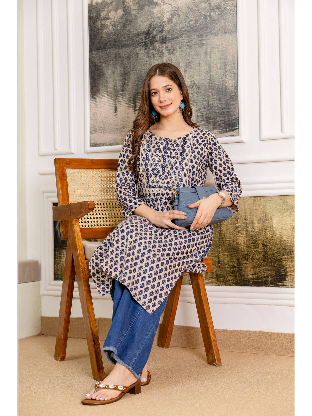 Navy Blue Cotton Printed Mirror Work Kurta | FY93 - view 4