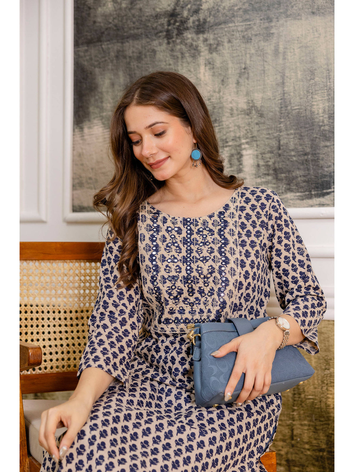 Navy Blue Cotton Printed Mirror Work Kurta | FY93 - view 5