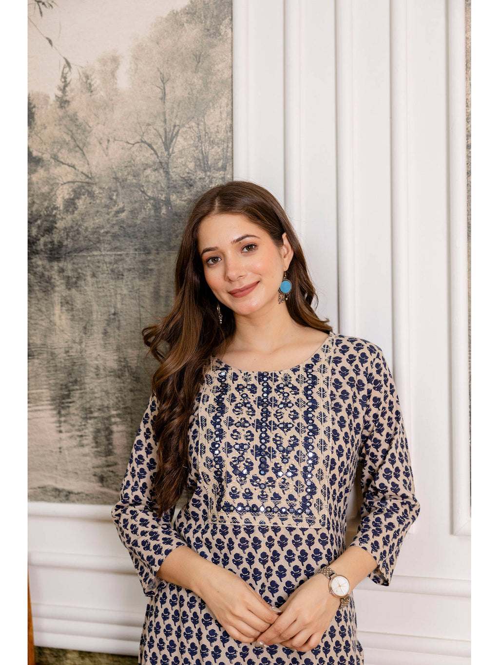 Navy Blue Cotton Printed Mirror Work Kurta | FY93 - view 6