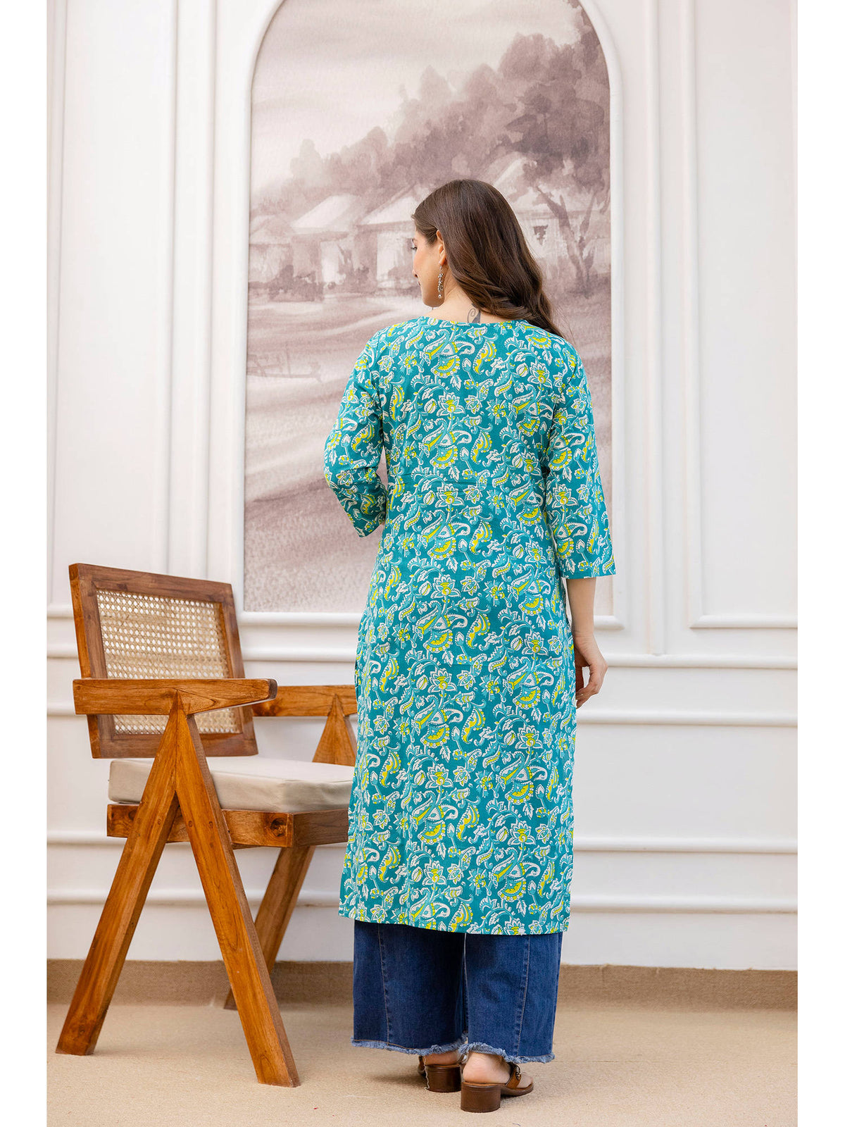Teal Cotton Floral Printed Embroidered Kurta | U3S - view 2