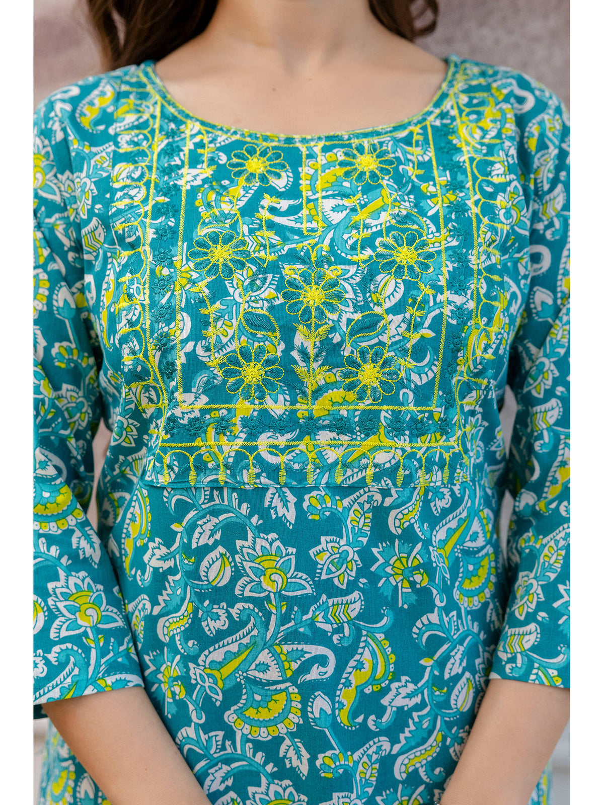 Teal Cotton Floral Printed Embroidered Kurta | U3S - view 3