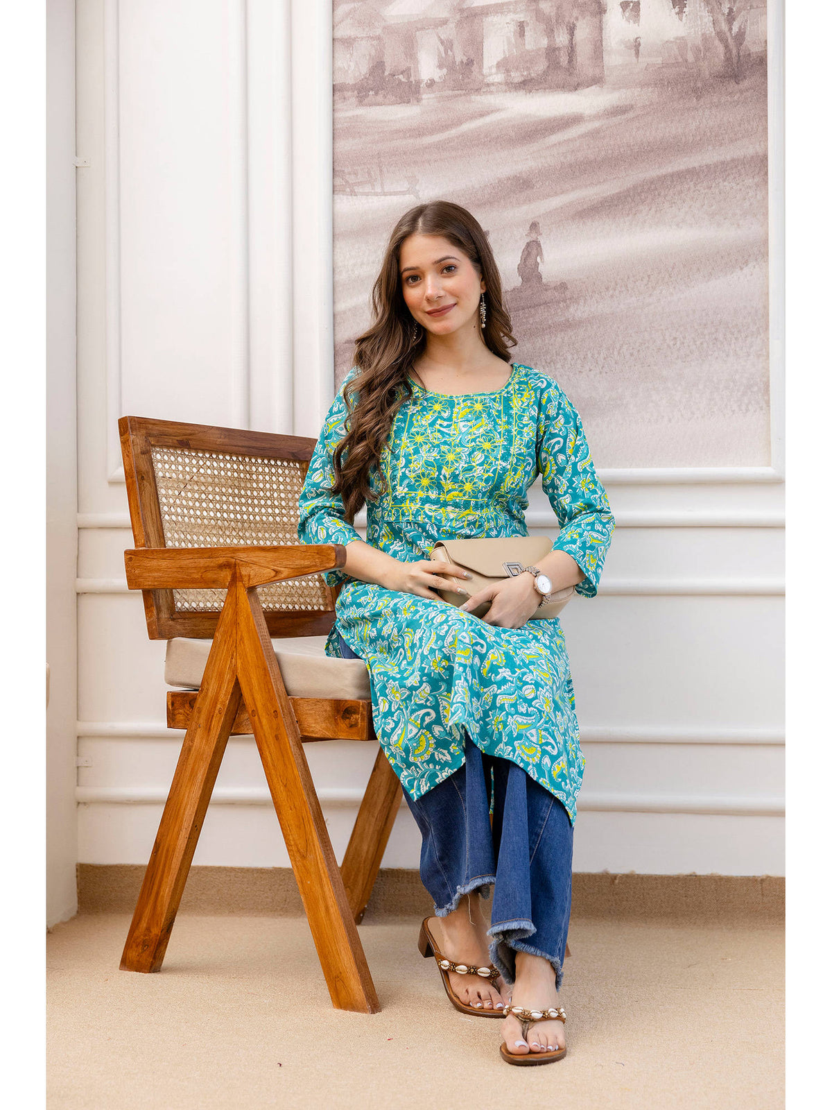 Teal Cotton Floral Printed Embroidered Kurta | U3S - view 4