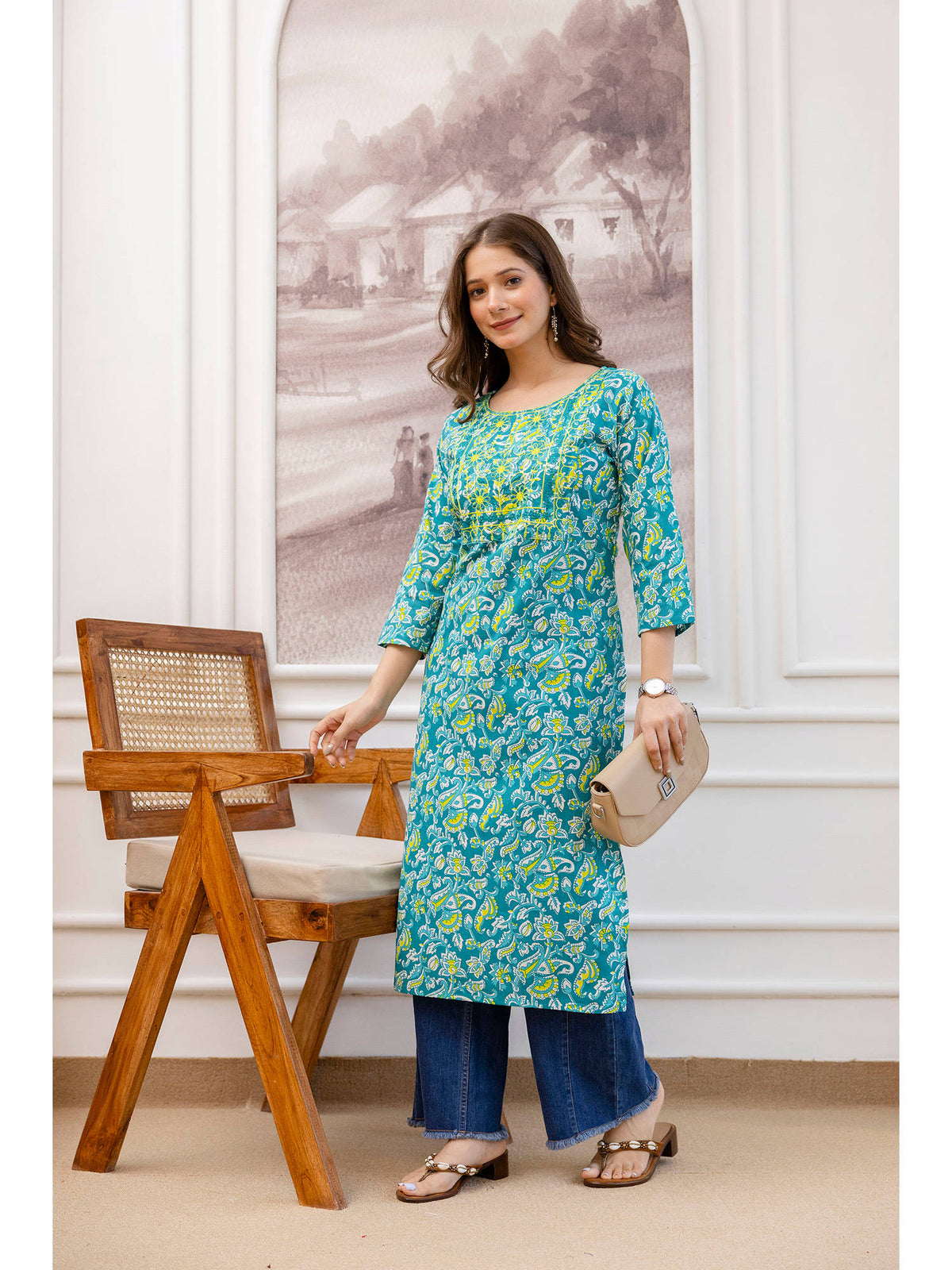 Teal Cotton Floral Printed Embroidered Kurta | FY93 - view 5