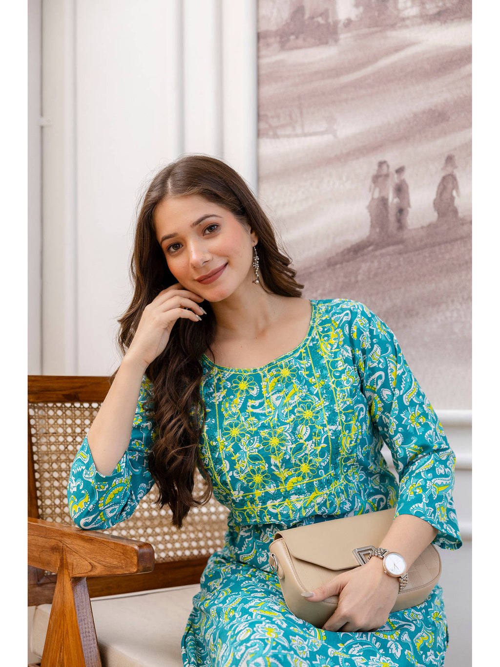 Teal Cotton Floral Printed Embroidered Kurta | U3S - view 6